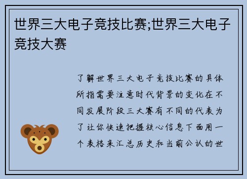 世界三大电子竞技比赛;世界三大电子竞技大赛